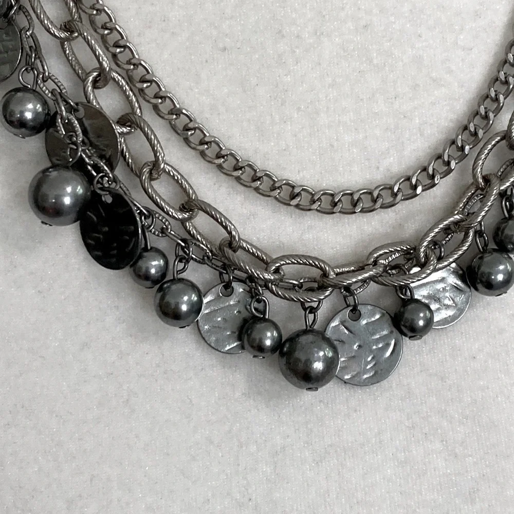 Silver Rocker Rebel Edgy Layered Bead Discs Coins Textured Chain Necklace